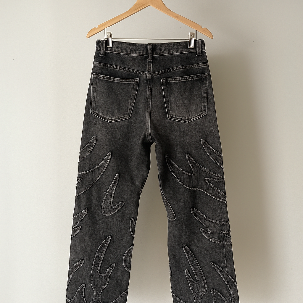 Black Flame Embroidered Jeans | Gothic Streetwear Wide-Leg Denim Pants