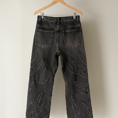 Black Flame Embroidered Jeans | Gothic Streetwear Wide-Leg Denim Pants