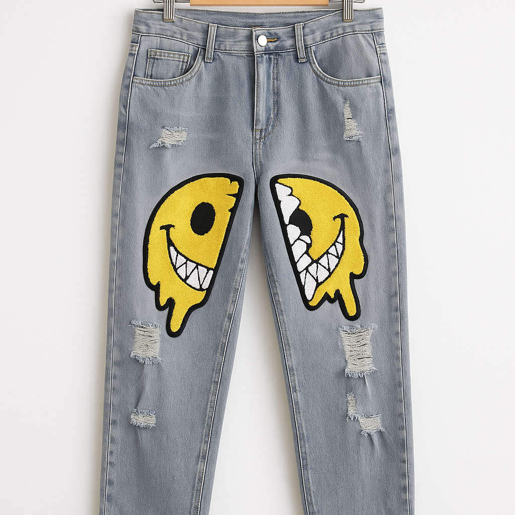 Smiley Face Patch Jeans | Y2K Distressed Straight Leg Denim