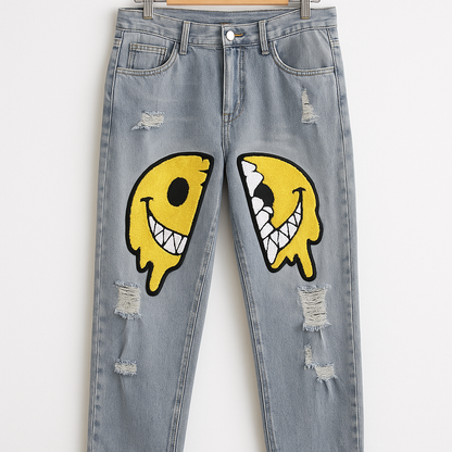 Smiley Face Patch Jeans | Y2K Distressed Straight Leg Denim