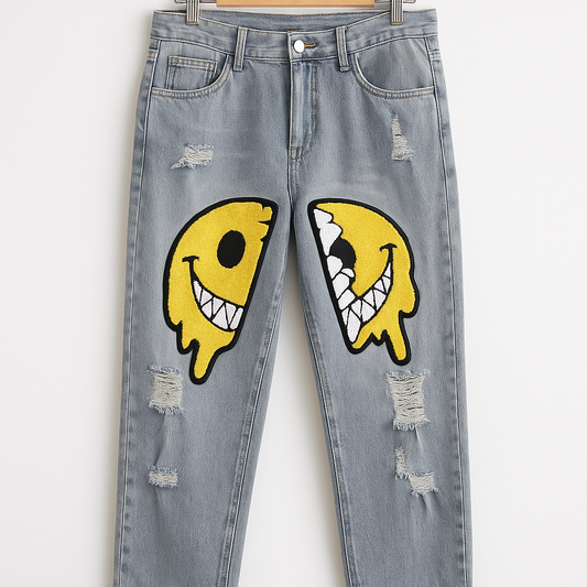 Smiley Face Patch Jeans | Y2K Distressed Straight Leg Denim