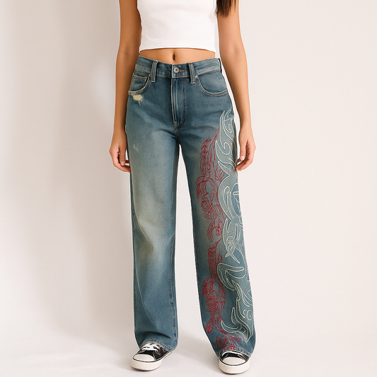 Y2K Embroidered Baggy Jeans | Vintage Washed Denim with Red and White Flame Design