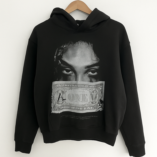 Y2K Graphic Hoodie | Black Hoodie with Face and Money Print Streetwear Design