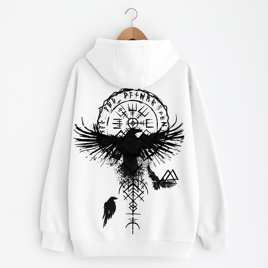 Viking Eagle Hoodie | White Oversized Hoodie with Norse Symbol and Graphic Print