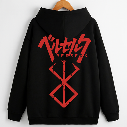 Berserk Hoodie | Black Oversized Zip Up Hoodie with Red Anime Graphic Print