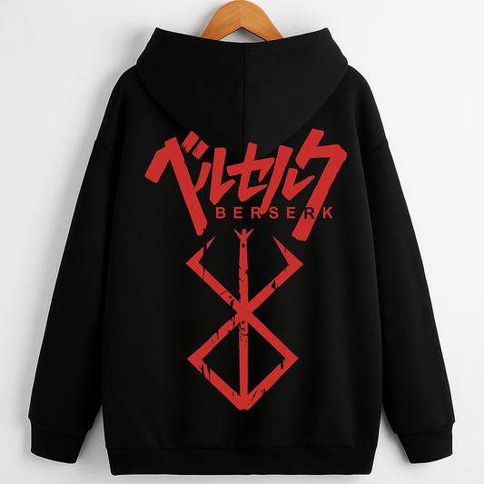 Berserk Hoodie | Black Oversized Zip Up Hoodie with Red Anime Graphic Print