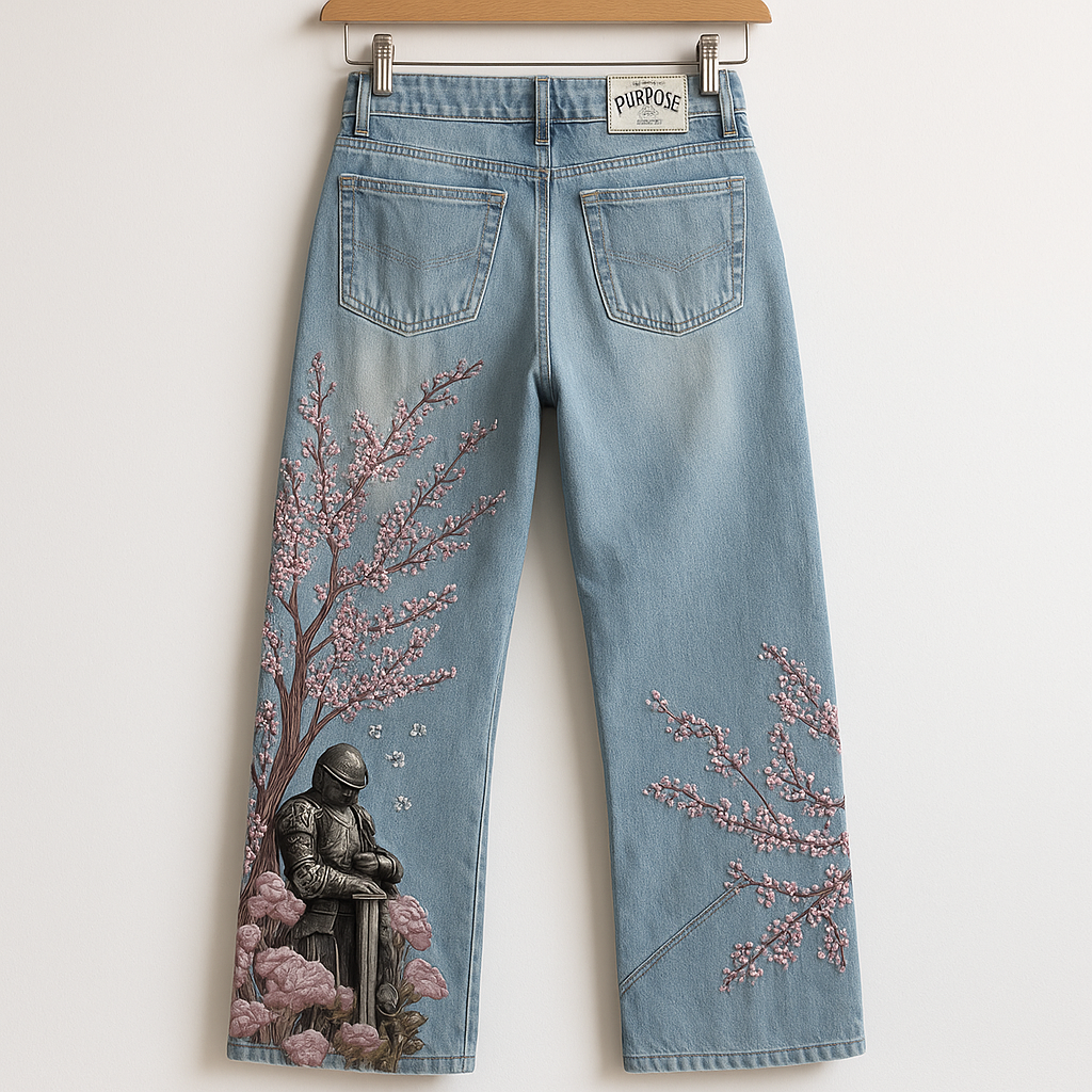Embroidered Knight & Sakura Jeans | Artistic Wide Leg Denim with Floral Detailing