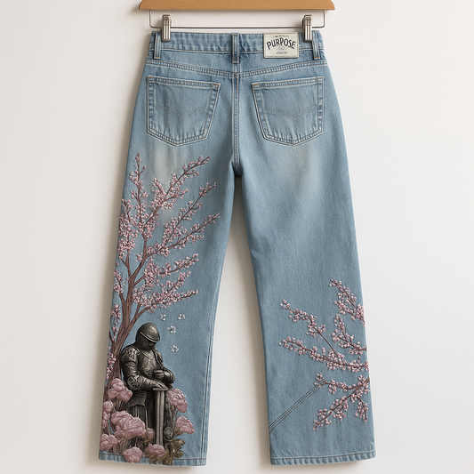 Embroidered Knight & Sakura Jeans | Artistic Wide Leg Denim with Floral Detailing