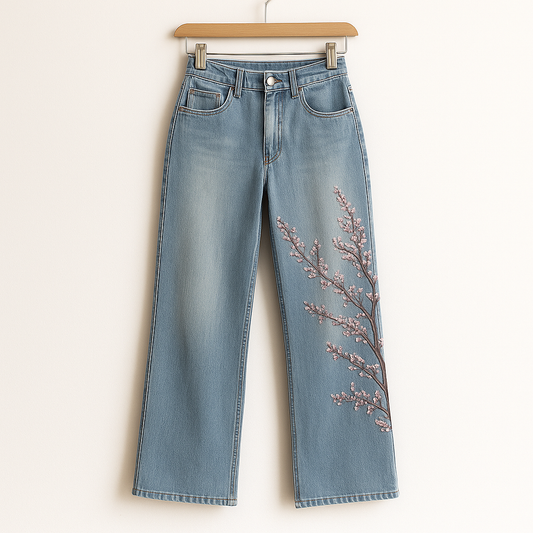 Embroidered Knight & Sakura Jeans | Artistic Wide Leg Denim with Floral Detailing