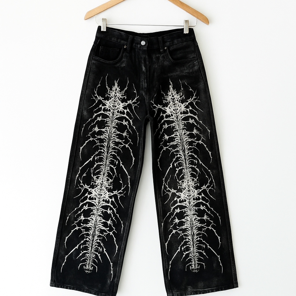 Black Gothic Denim Jeans | Skeleton Spine Embroidery Wide-Leg Streetwear Pants