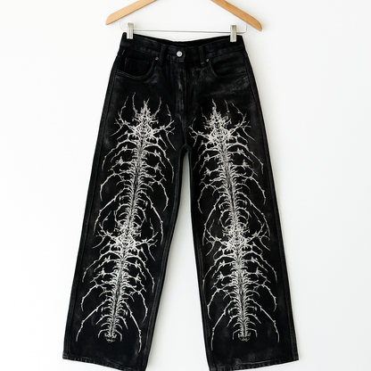 Black Gothic Denim Jeans | Skeleton Spine Embroidery Wide-Leg Streetwear Pants