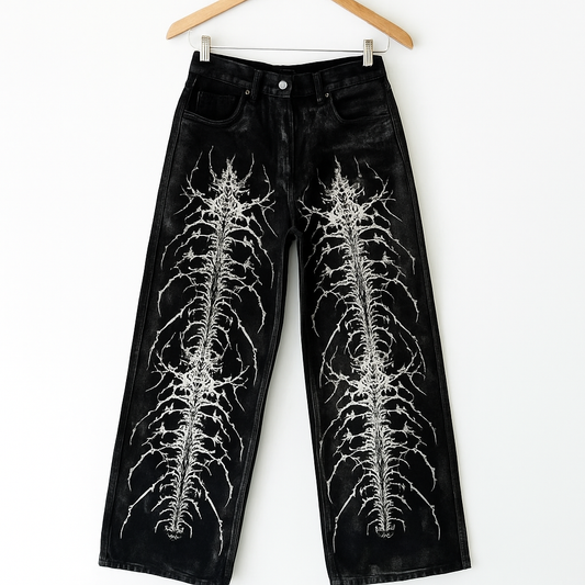 Black Gothic Denim Jeans | Skeleton Spine Embroidery Wide-Leg Streetwear Pants