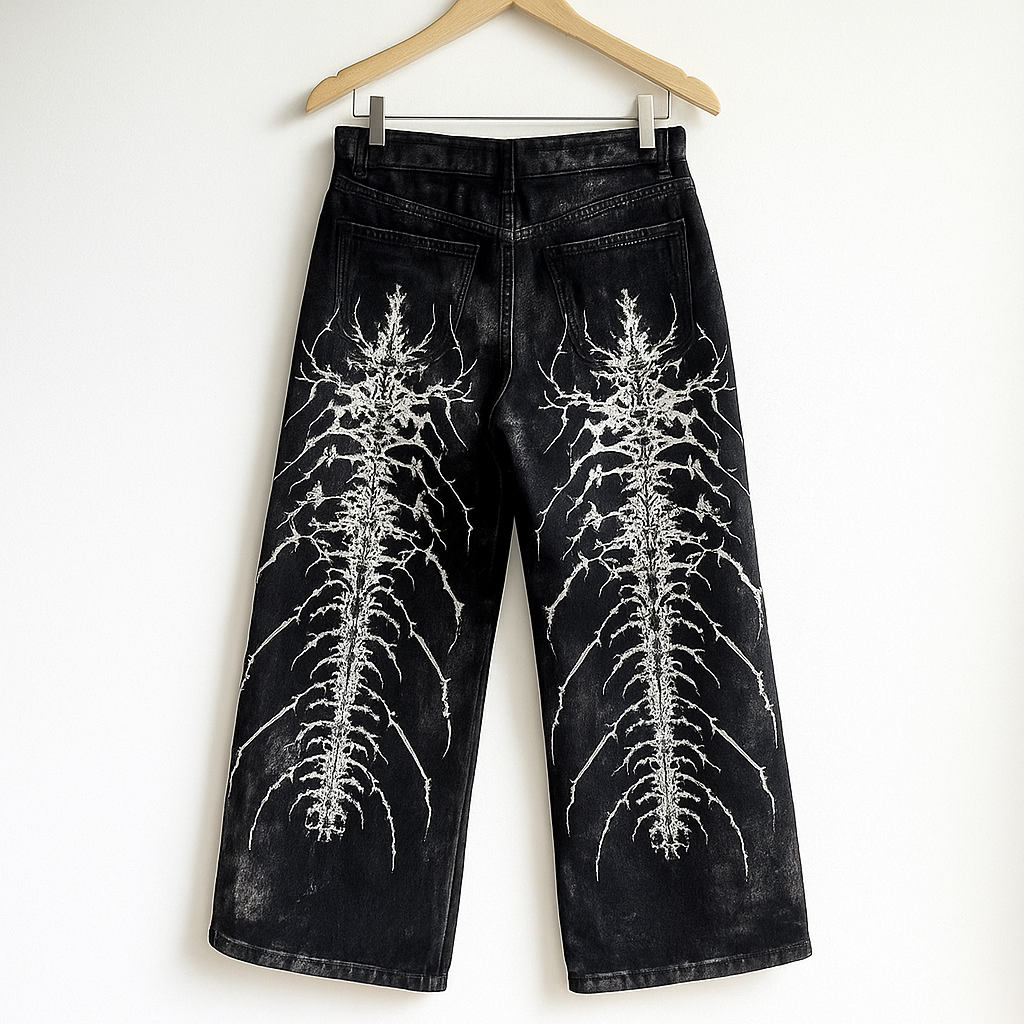 Black Gothic Denim Jeans | Skeleton Spine Embroidery Wide-Leg Streetwear Pants