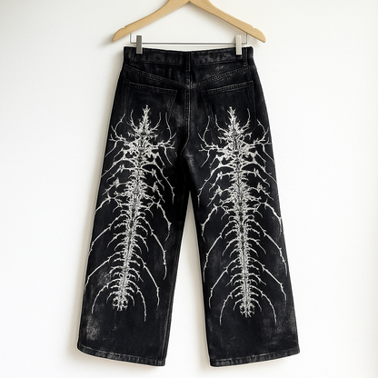 Black Gothic Denim Jeans | Skeleton Spine Embroidery Wide-Leg Streetwear Pants