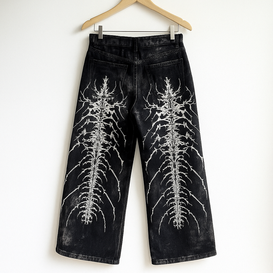 Black Gothic Denim Jeans | Skeleton Spine Embroidery Wide-Leg Streetwear Pants