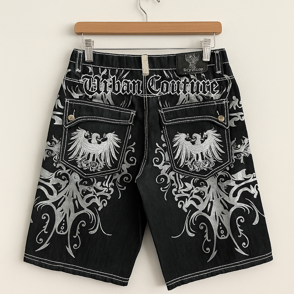 Urban Couture Denim Shorts | Gothic Eagle Embroidery Streetwear Y2K Baggy Jean Shorts
