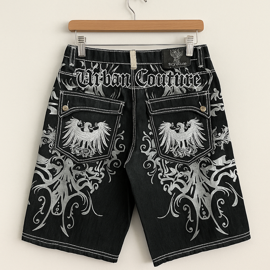 Urban Couture Denim Shorts | Gothic Eagle Embroidery Streetwear Y2K Baggy Jean Shorts
