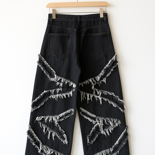Black Distressed Wide Leg Jeans | Y2K Grunge Streetwear with Frayed Detailing