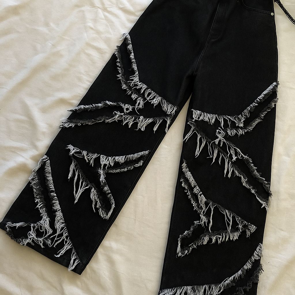 Black Distressed Wide Leg Jeans | Y2K Grunge Streetwear with Frayed Detailing