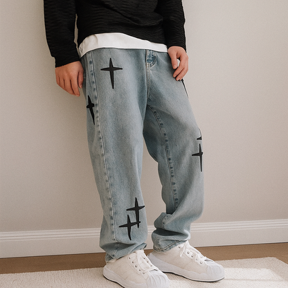 Y2K Cross Embroidery Baggy Jeans | Light Blue Streetwear Denim