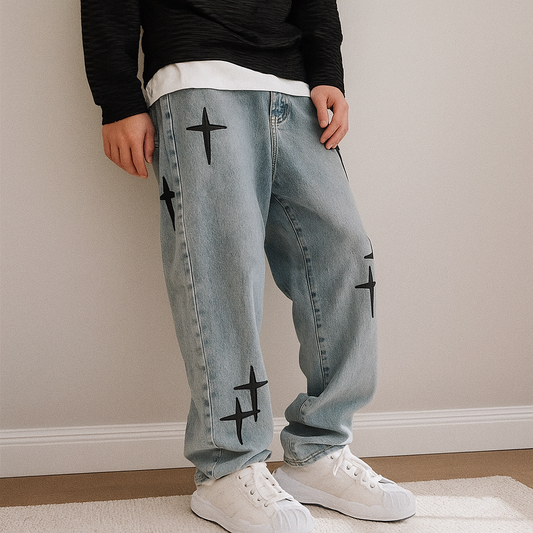Y2K Cross Embroidery Baggy Jeans | Light Blue Streetwear Denim