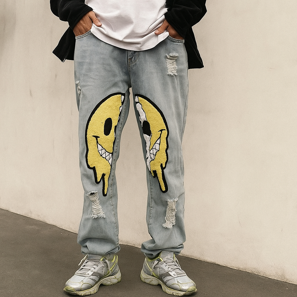 Smiley Face Patch Jeans | Y2K Distressed Straight Leg Denim