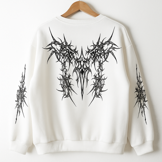 White Gothic Tribal Sweatshirt | Oversized Streetwear Pullover with Black Graphic Print