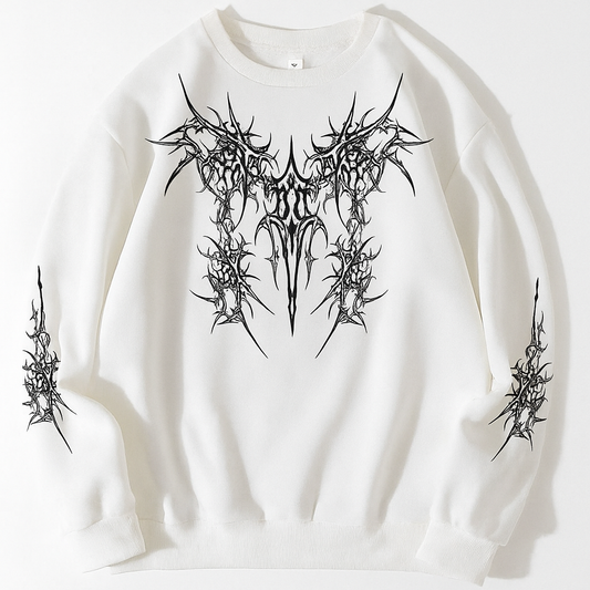White Gothic Tribal Sweatshirt | Oversized Streetwear Pullover with Black Graphic Print