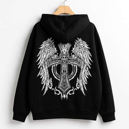 Black Gothic Cross Hoodie | Angel Wing Oversized Streetwear Pullover