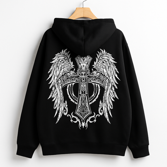 Black Gothic Cross Hoodie | Angel Wing Oversized Streetwear Pullover