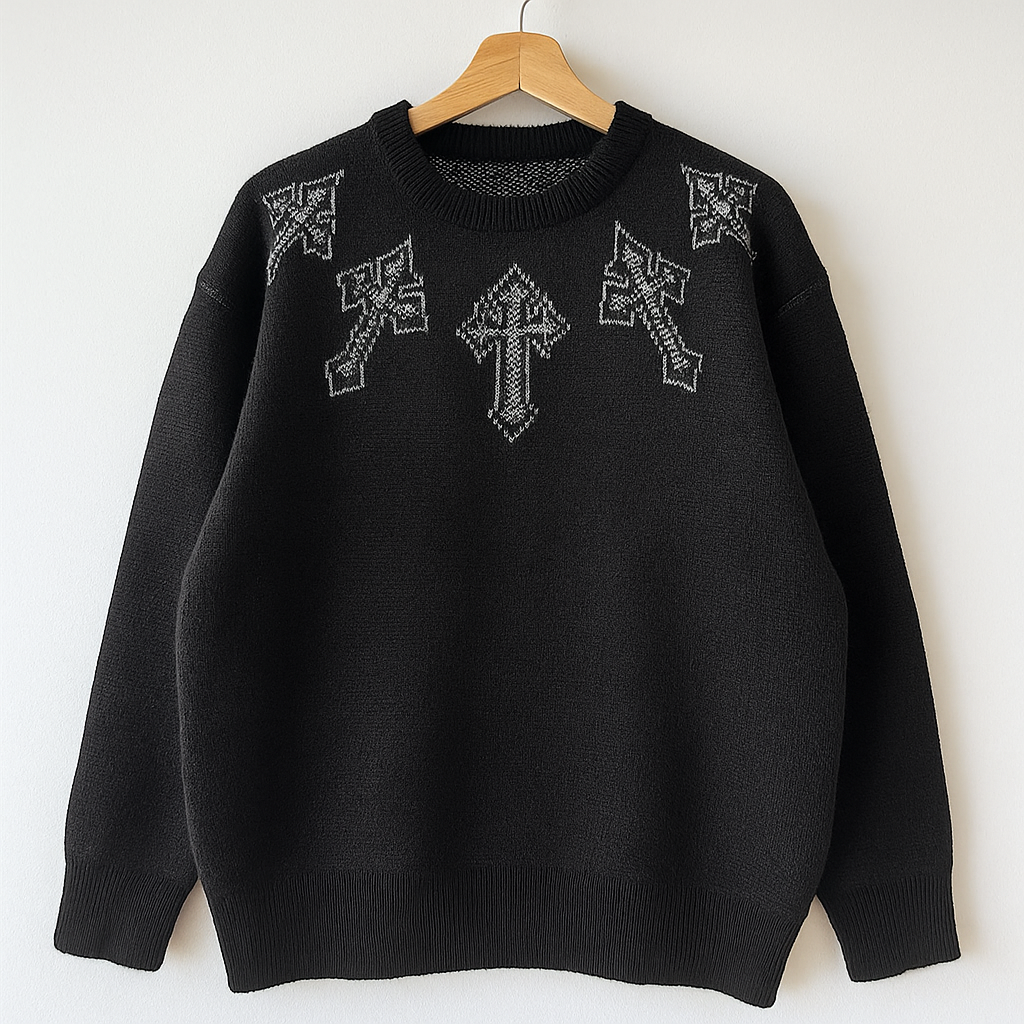 Black Gothic Cross Sweater | Oversized Knit Pullover Streetwear Aesthetic