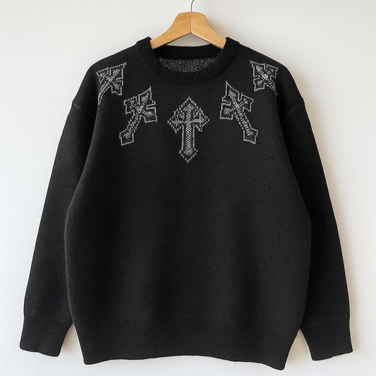 Black Gothic Cross Sweater | Oversized Knit Pullover Streetwear Aesthetic