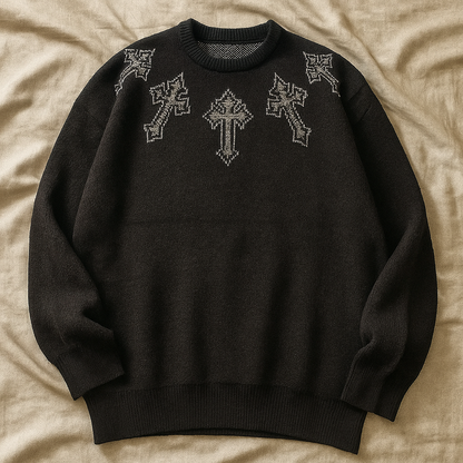 Black Gothic Cross Sweater | Oversized Knit Pullover Streetwear Aesthetic