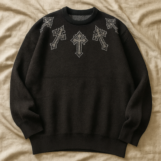 Black Gothic Cross Sweater | Oversized Knit Pullover Streetwear Aesthetic