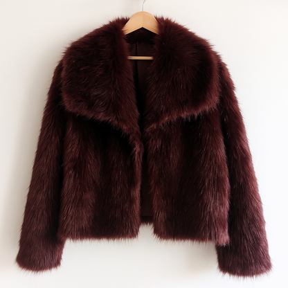 Burgundy Faux Fur Coat | Vintage Glam Cropped Plush Winter Jacket