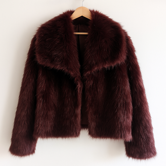 Burgundy Faux Fur Coat | Vintage Glam Cropped Plush Winter Jacket