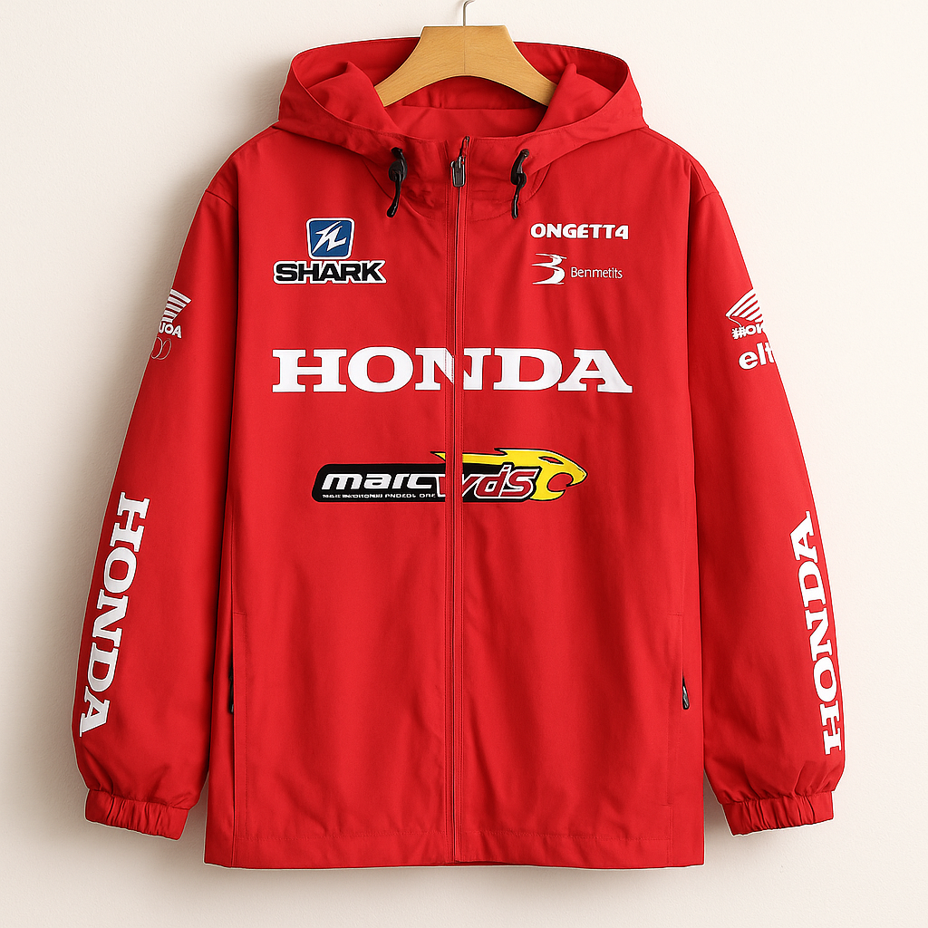Honda Racing Jacket | Red Moto Streetwear Windbreaker with Logo Graphics