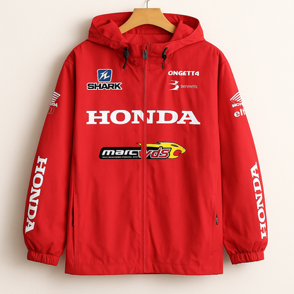 Honda Racing Jacket | Red Moto Streetwear Windbreaker with Logo Graphics