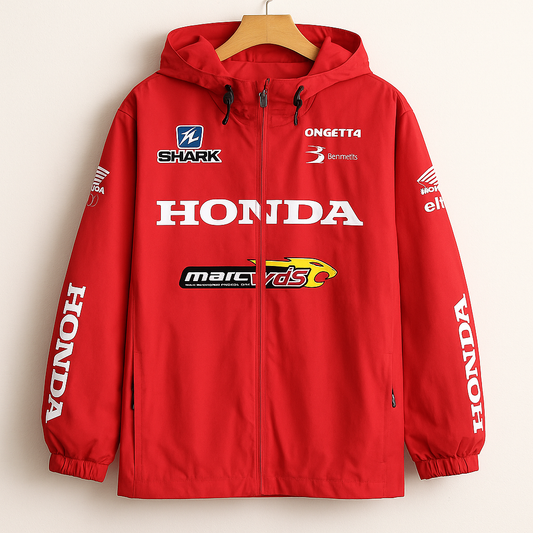 Honda Racing Jacket | Red Moto Streetwear Windbreaker with Logo Graphics