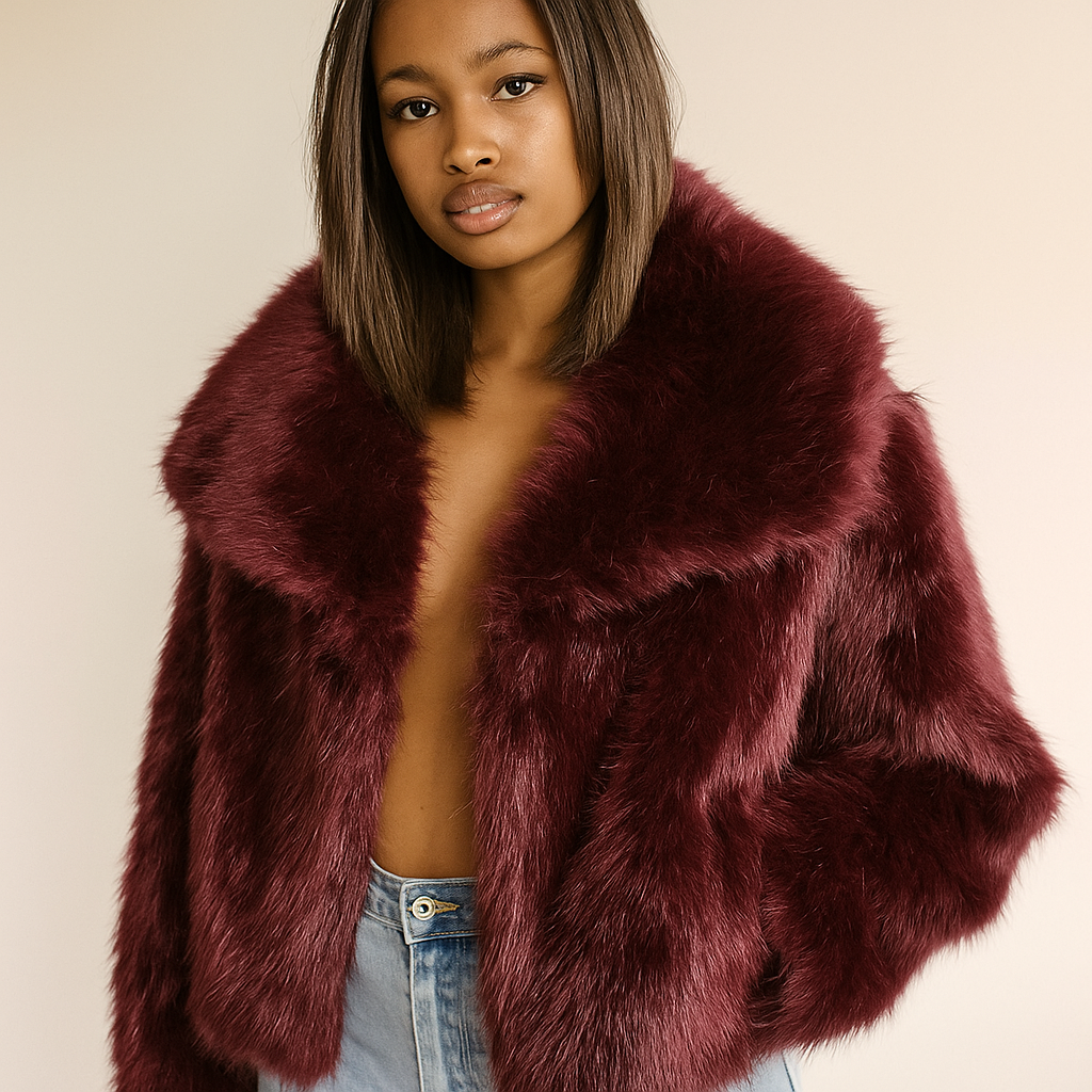 Burgundy Faux Fur Coat | Vintage Glam Cropped Plush Winter Jacket
