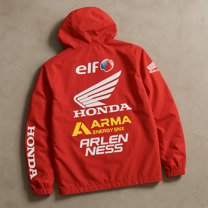 Honda Racing Jacket | Red Moto Streetwear Windbreaker with Logo Graphics
