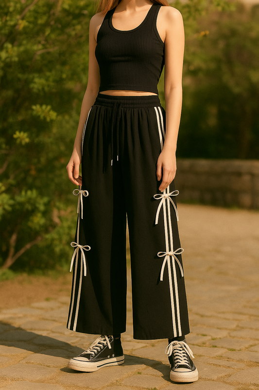 Y2K Side Stripe Pants | Black Wide Leg Streetwear Trousers with Bow Knot Details