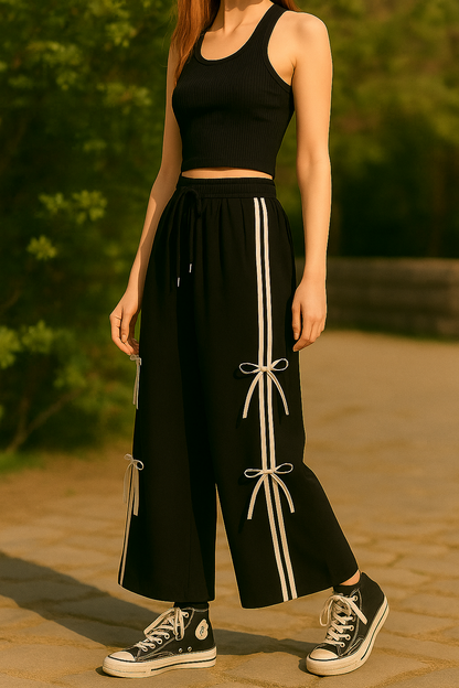 Y2K Side Stripe Pants | Black Wide Leg Streetwear Trousers with Bow Knot Details