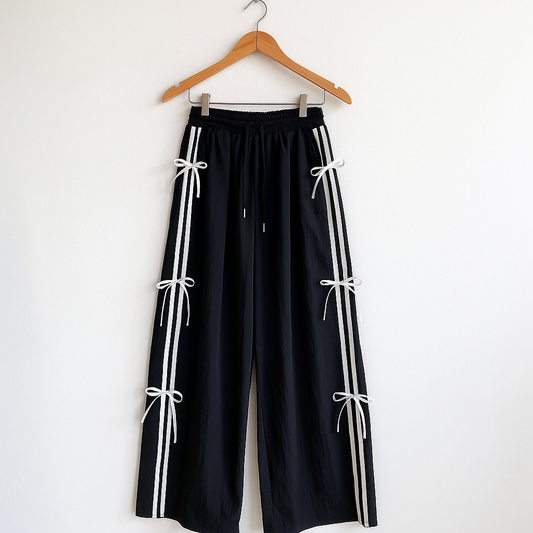 Y2K Side Stripe Pants | Black Wide Leg Streetwear Trousers with Bow Knot Details