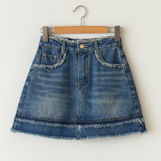 Y2K Denim Mini Skirt with Built in Shorts | High Waisted Distressed A-Line Jean Skirt