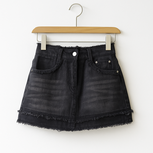 Y2K Denim Mini Skirt with Built in Shorts | High Waisted Distressed A-Line Jean Skirt