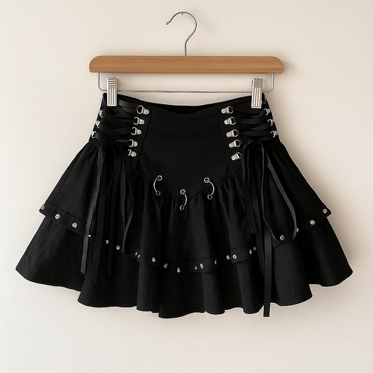 Gothic Pleated Mini Skirt | Y2K Punk High Waist Black Skirt with Straps