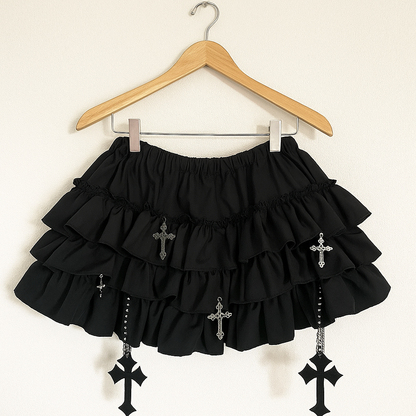 Gothic Lolita Ruffle Mini Skirt with Cross Charms | Harajuku Punk Skirt | Chrome hearts