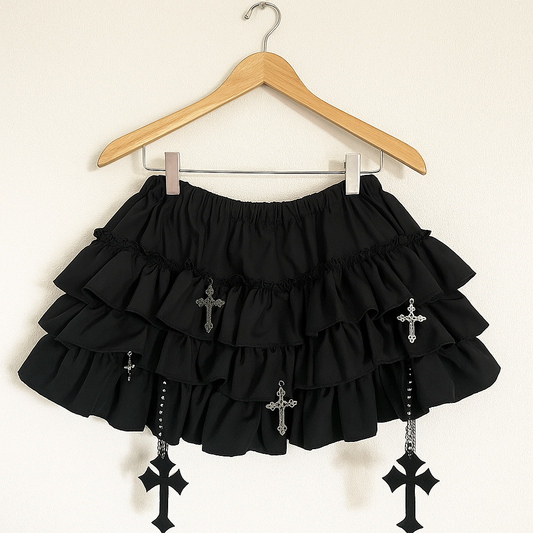 Gothic Lolita Ruffle Mini Skirt with Cross Charms | Harajuku Punk Skirt | Chrome hearts