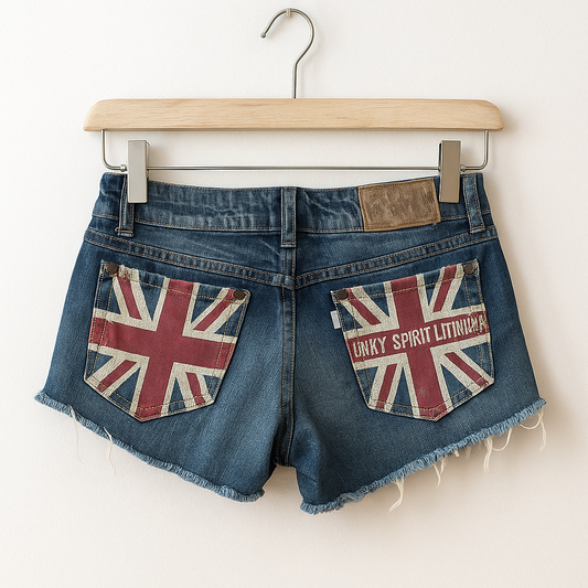 Vintage Y2K Union Jack Denim Shorts | Distressed Flag Pocket Shorts
